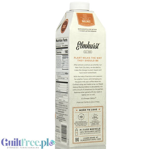 Elmhurst Walnut Barista Maple - vegan non-dairy oat milk with walnuts and maple syrup, without carrageenan or guar gum