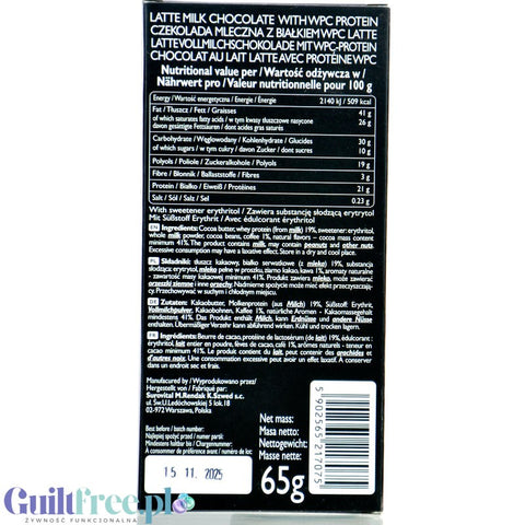 Raw Cocoa 21% Protein Milk Chocolate Caffe Latte  - proteinowa kawowa mleczna czekolada bez cukru słodzona erytrytolem