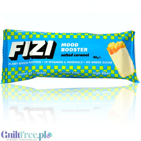 FIZI Mood Booster Salted Caramel - vegan protein bar topped with white chocolate with no added sugar