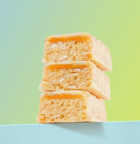 FIZI Mood Booster Salted Caramel - vegan protein bar topped with white chocolate with no added sugar
