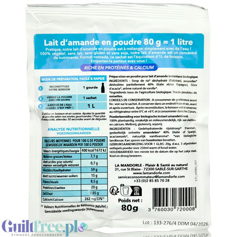 La Mandorle Lait D'Amande 80g - mleko migdałowe w proszku bez dodatku cukru, do przygotowania 1L napoju