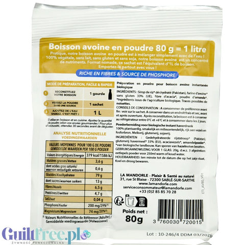 La Mandorle Boisson Avoine 80g - bezglutenowe mleko owsiane w proszku bez dodatku cukru, do przygotowania 1L napoju