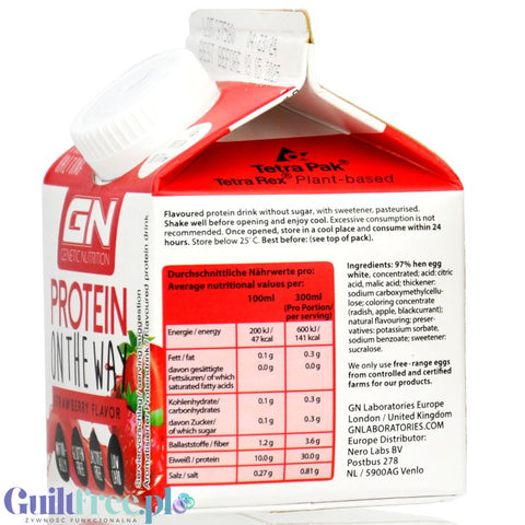 GN Protein On The Way, Strawberry, 30g protein per 140kcal, lactose free egg white protein shake