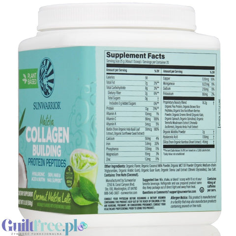 Sunwarrior Collagen Building Peptides, Coconut Matcha Latte - wegańska odżywka białkowa stymulująca wytwarzanie kolagenu