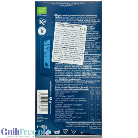 Benjamissimo Dark 80% - organiczna wegańska keto gorzka czekolada bez cukru i maltitolu