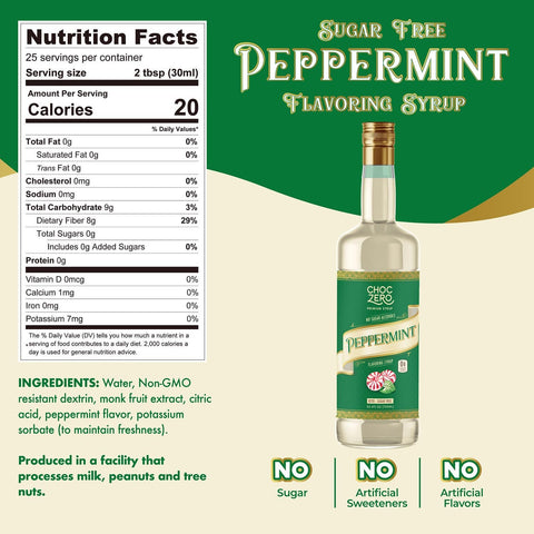 Choc Zero Coffee Syrup, Peppermint - sugar and sucralose free coffee syrup with fiber