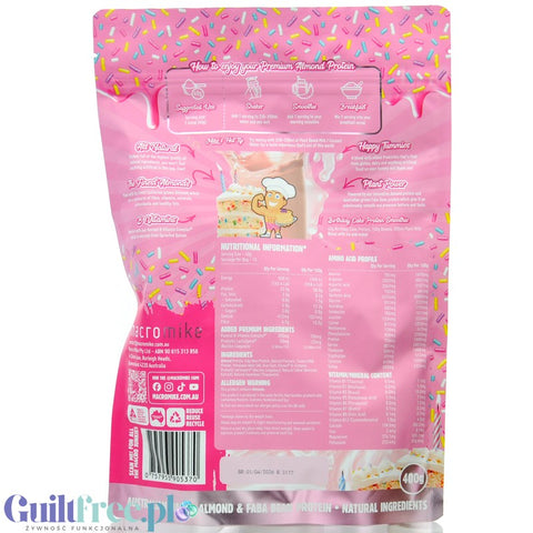Macro Mike Almond Plant Protein, Birthday Cake - wegańska migdałowa odżywka białkowa bez glutenu, mleka i sukralozy