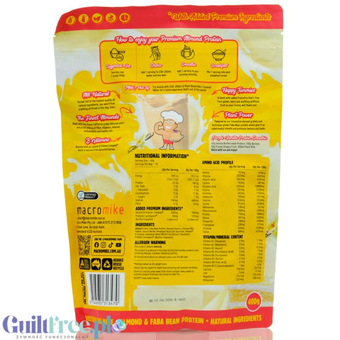 Macro Mike Almond Plant Protein, Vanilla Buttercream, 400g - wegańska migdałowa odżywka białkowa bez glutenu, mleka i sukralozy