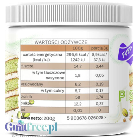 Funky Flavors Splash Pistachio Cake 200g - błonnikowy aromat słodzący w proszku o smaku ciasta pistacjowego z białą czekoladą
