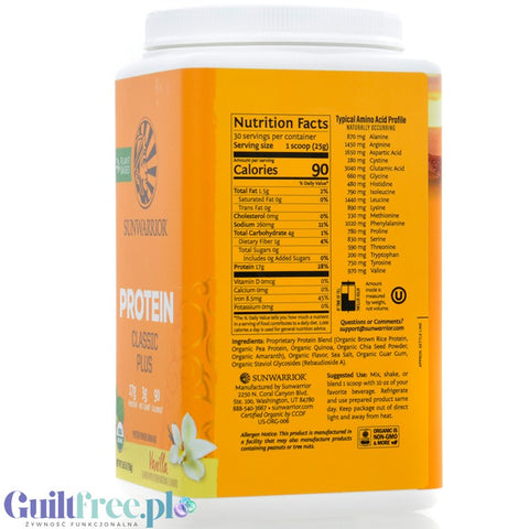 Sunwarrior Protein Classic Plus, Vanilla 0.75KG - organic vegan protein supplement with 5 superfoods