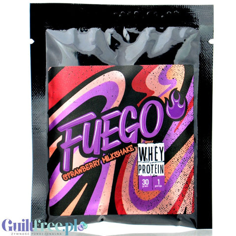 Fuego Whey Protein Strawberry Mikshake 30g - whey protein concentrate with strawberry shake flavor.