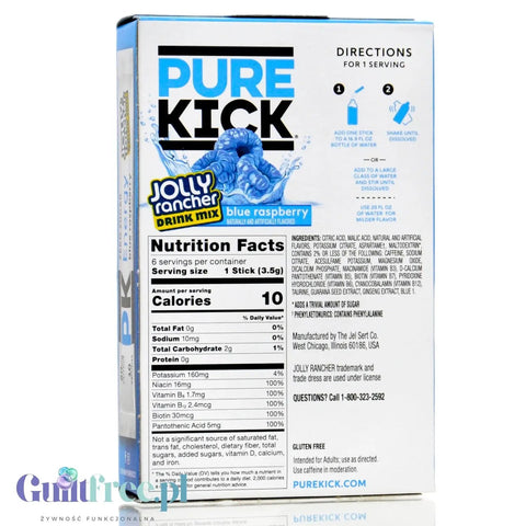 Pure Kick & Jolly Energy Blue Raspberry - saszetki bez cukru, napój instant z kofeiną, witaminami i elektrolitami