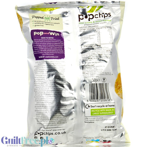 Popchips Cream & Onion 50g - pieczone chipsy 50% mniej tłuszczu, smak Śmietanka & Cebulka
