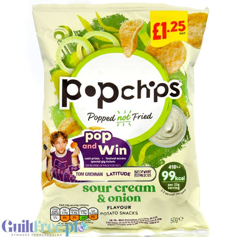 Popchips Cream & Onion 50g - pieczone chipsy 50% mniej tłuszczu, smak Śmietanka & Cebulka