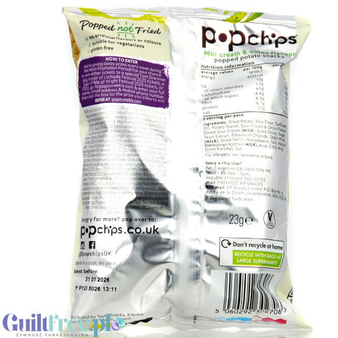 Popchips Cream & Onion 23g - pieczone chipsy 50% mniej tłuszczu, smak Śmietanka & Cebulka