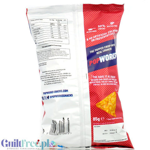 Pop Works Sweet Chipotle Chilli 85g - pikantne kukurydziane tortilla chips 50% mniej tłuszczu