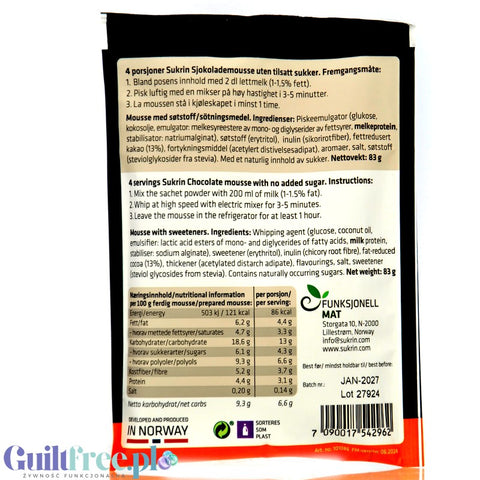 Sukrin Chocolate Mousse Hazelnut 4 x 85kcal - puszysty mus czekoladowy instant bez dodatku cukru z erytrolem i stewią