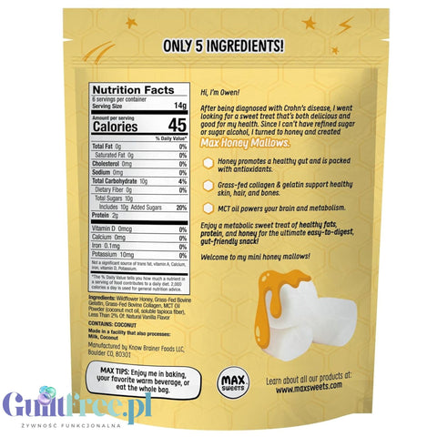 Know Brainer Max Honey Mallow Very Vanilla Mini Marshmallows - miodowe mini pianki proteinowe z koleganem i MCT