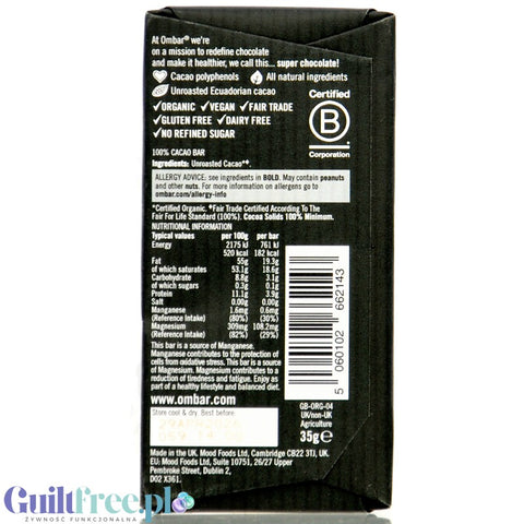 Ombar Bean to Bar Super Raw Chocolate 100% - wegańska surowa organiczna ciemna czekolada bez cukru, słodzików i soi