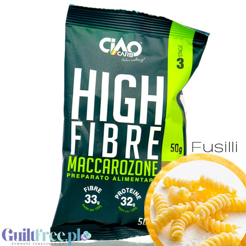 Ciao Carb Maccarozone Stage 3, Fusilli 50g - Italian low carbohydrate pasta low GI, 33g protein