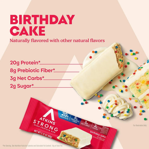Atkins Strong Birthday Cake BOX x 4 BATONS - protein bar with almond butter, without maltitol