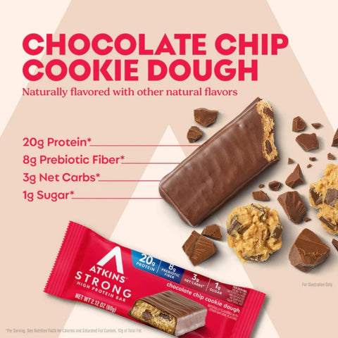 Atkins Strong Chocolate Chip Cookie Dough PUDEŁKO x 4 BATONY - baton proteinowy20g białka, bez maltitolu