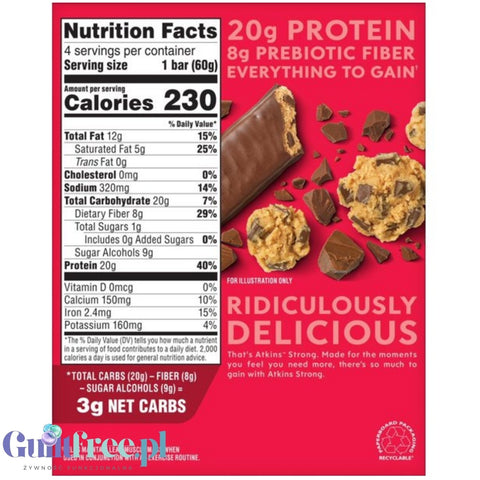 Atkins Strong Chocolate Chip Cookie Dough protein bar, 13g protein, 14g fiber bar.