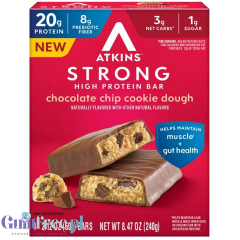 Atkins Strong Chocolate Chip Cookie Dough protein bar, 13g protein, 14g fiber bar.