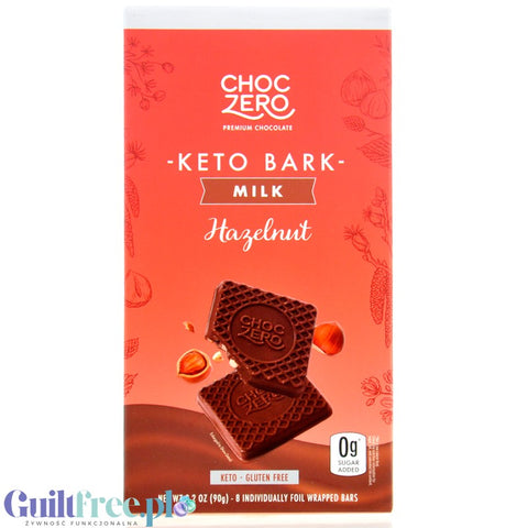 Choc Zero Keto Bark, Milk Chocolate & Hazelnuts - keto milk chocolate without sugar and maltitol with hazelnuts