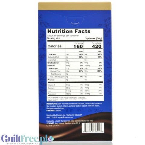 Choc Zero Keto Bark, Dark Chocolate Sea Salt & Almonds - wegańska keto ciemna czekolada bez cukru i maltitolu