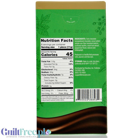 Choc Zero Keto Bark, Dark Chocolate Peppermint - wegańska keto ciemna czekolada z miętą, bez cukru i maltitolu