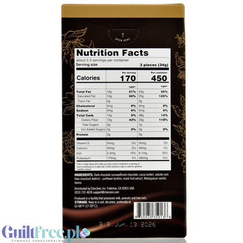 Choc Zero Keto Bark, Dark Chocolate 70% - ekskluzywna wegańska keto czekolada bez cukru i maltitolu