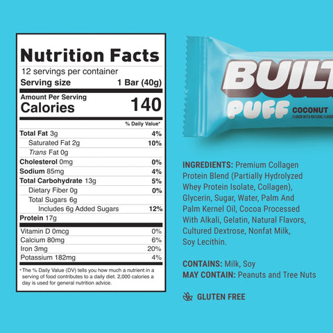 Built Bar Protein Puffs Coconut - protein marshmallow bar in chocolate 17g protein & 140kcal