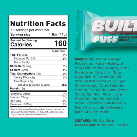 Built Bar Protein Puffs Cookie Dough Chunk - protein marshmallow bar in chocolate 17g protein & 140kcal