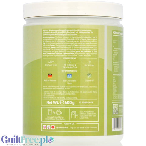 Rocka Nutrition Protein Matcha Latte 600g - vegan protein supplement 65mg caffeine, with matcha and green tea