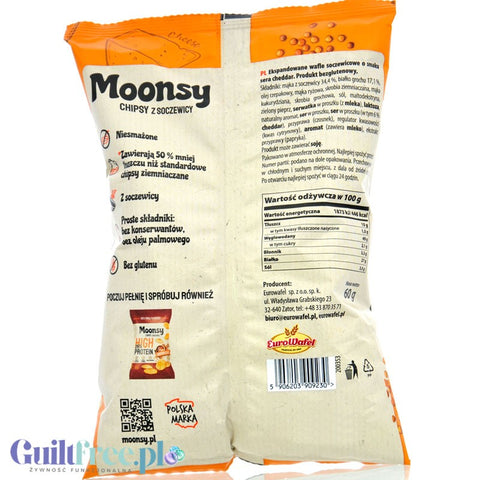 Moonsy High Protein 26%, Cheddar - thin cheese chips made from lentils 50% less fat