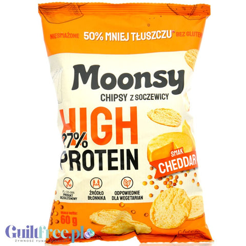 Moonsy High Protein 26%, Cheddar - thin cheese chips made from lentils 50% less fat