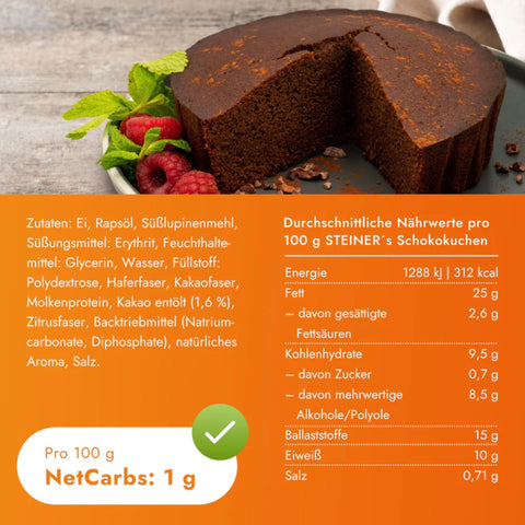 STEINER's Low Carb Schokokuchen - low carbohydrate ready-to-eat chocolate cake without sugar