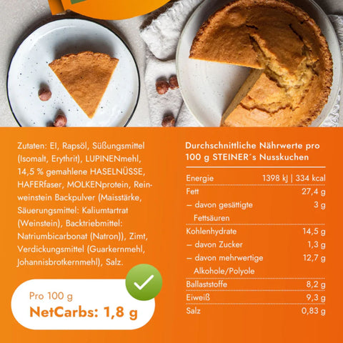 STEINER's Low Carb Nusskuchen - niskowęglowodanowe gotowe do zjedzenia ciasto orzechowe bez cukru