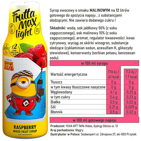 FruttaMax Light Fruit Syrup Raspberry 500ml / 12L - syrop owocowy do Sodastream obniżona zawartość cukru