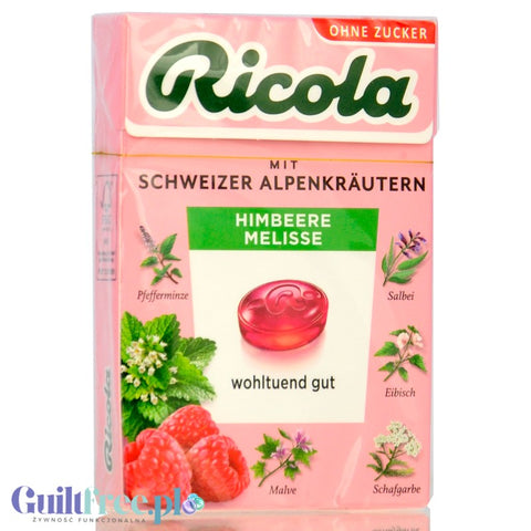 Ricola Himbeere Melisse 50g - herbal candy without sugar in a box, Raspberry with Melissa