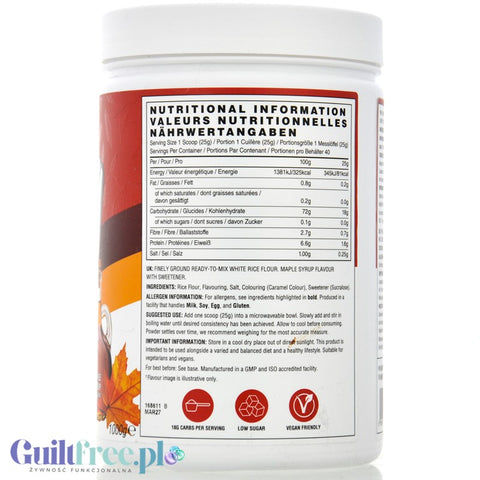 Naughty Boy Cream Of Rice Maple Syrup 1kg - sugar free rice gruel, recovery workout meal, Maple Syrup