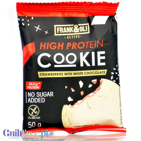 Frank & Oli Active High Protein Cookie, Truskawki z białą czekoladą  - Ciastko wysokoproteinowe bez cukru