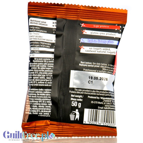 Frank & Oli Active High Protein Cookie, Chrupiące orzeszki z karmelem - Ciastko wysokoproteinowe bez cukru