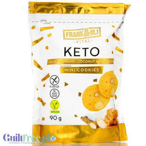 Frank & Oli Vital Keto Mini Cookies, Solony Karmel, Kokos & Migdały - wegańskie miękkie ciasteczka bez dodatku cukru
