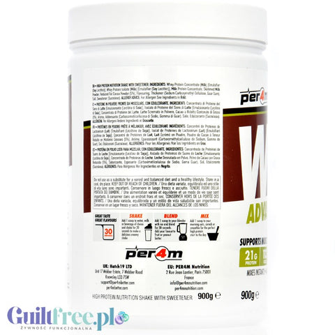 Per4M Whey Advanced Protein Dubai Chocolate 0.9kg - dense protein nutrient WPC, WPI & MPC flavored Dubai Chocolate.