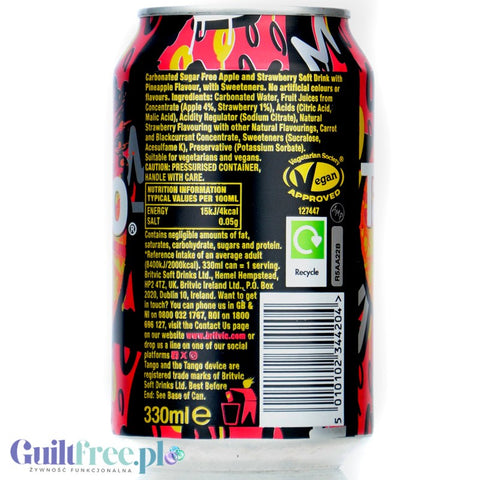 Tango Sugar Free Strawberry Smash 330ml - napój zero kcal bez cukru o smaku truskawkowo-ananasowym