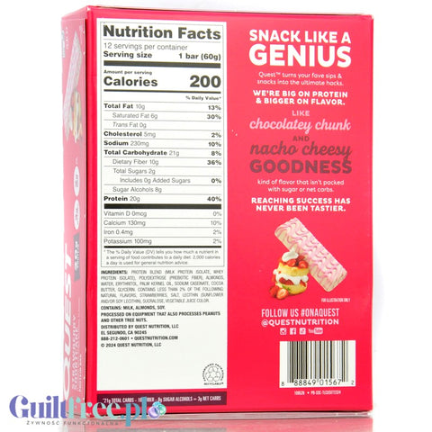Quest Strawberry Shortcake BOX 12 szt - baton proteinowy bez cukru i maltitolu, smak Ciasto Truskawkowe