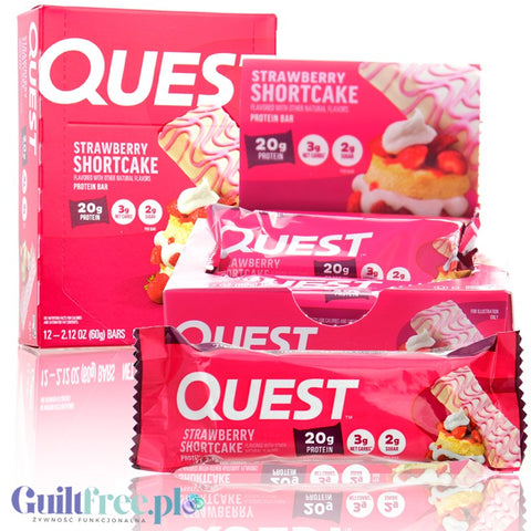 Quest Strawberry Shortcake BOX 12 szt - baton proteinowy bez cukru i maltitolu, smak Ciasto Truskawkowe