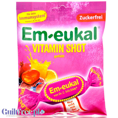 Em-eukal Vitamin Shot - nadziewane cukierki bez cukru z witaminami o smaku wieloowocowym